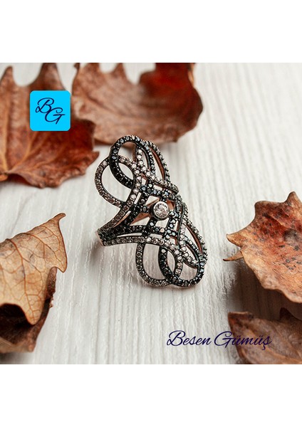 Oniks Zirkon Ortası Tek Taşlı Düğümlü Mekik Yüzük - 15