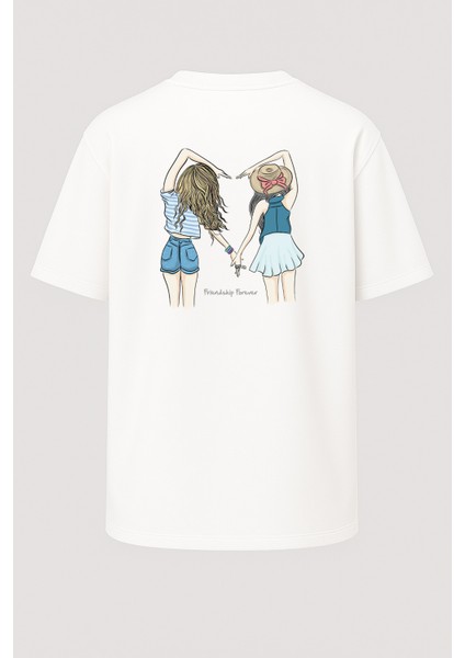 Oversize Kız Arkadaşlar Kalp Friendship Forever Baskılı Unisex Tişört