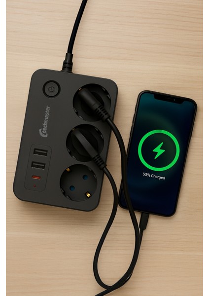 2 USB + Type-C Akım ve Çocuk Korumalı 3lü Kare Priz 2mt