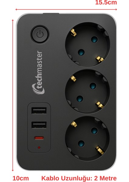 2 USB + Type-C Akım ve Çocuk Korumalı 3lü Kare Priz 2mt