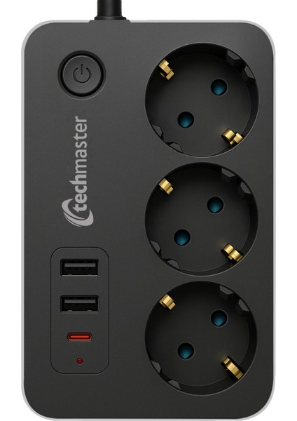 2 USB + Type-C Akım ve Çocuk Korumalı 3lü Kare Priz 5mt