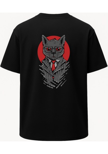Oversize Gözlüklü Kedi Baskılı Unisex Tişört