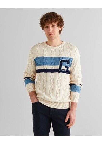 Erkek Krem Relaxed Fit Bisiklet Yaka Renk Bloklu Örgü Kazak 8924348T.130