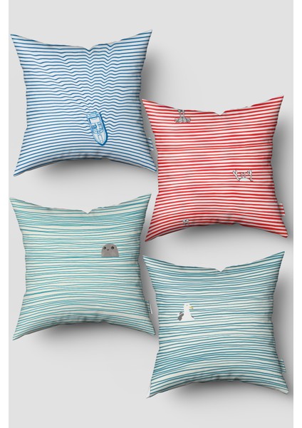 Beyaz Çizgili Marin Desenli 4'lü Kırlent Kılıfı Seti
