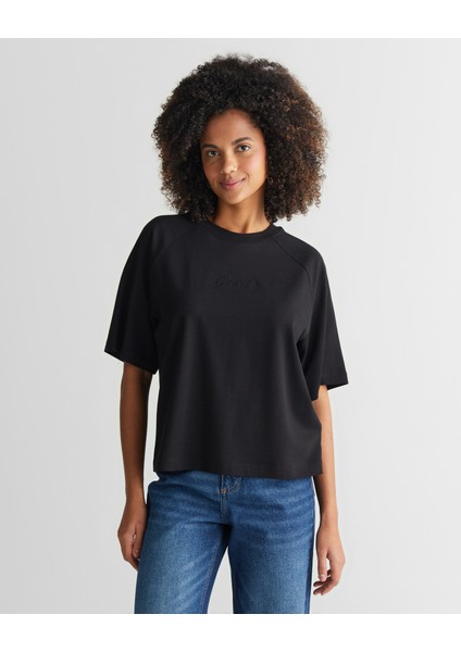 Kadın Siyah Bisiklet Yaka Logolu T-Shirt 42325134T.5