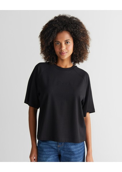 Kadın Siyah Bisiklet Yaka Logolu T-Shirt 42325134T.5 fırsatları