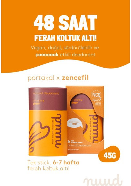 Orange x Ginger Stick 45 g 48 Saat Etkili, Doğal & Vegan Parfümsüz Portakal x Zencefil Kokulu Stick Deodorant