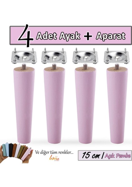 4 Adet Ahşap Ayak 15 cm Açık Pembe M8 Civatalı Bağlantı Aparatlı Dolap Mobilya Koltuk Kanepe Destek Ayağı Ayakları
