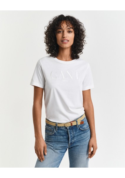 Kadın Krem Regular Fit Bisiklet Yaka Logolu T-Shirt 4200502.113