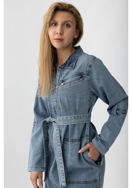 5363 - Kemerli, Cepli, Fermuar Detaylı Kot Rahat, Şık, Günlük Kadın Boydan Elbise