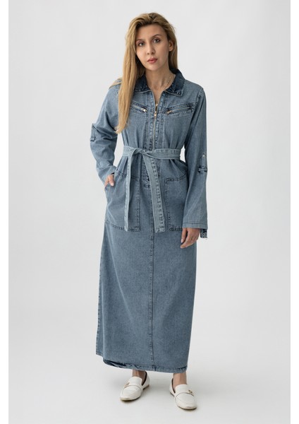 5363 - Kemerli, Cepli, Fermuar Detaylı Kot Rahat, Şık, Günlük Kadın Boydan Elbise fiyatları