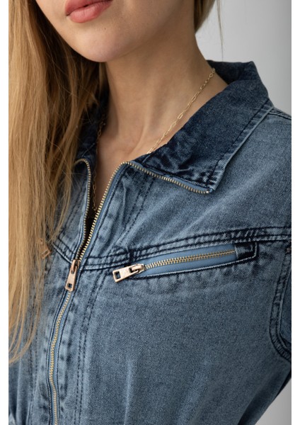 5363 - Kemerli, Cepli, Fermuar Detaylı Kot Rahat, Şık, Günlük Kadın Boydan Elbise fırsatları