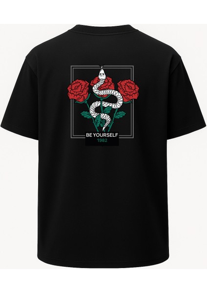 Oversize Wild Life Yılanlı Gül Baskılı Unisex Tişört