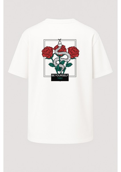 Oversize Wild Life Yılanlı Gül Baskılı Unisex Tişört