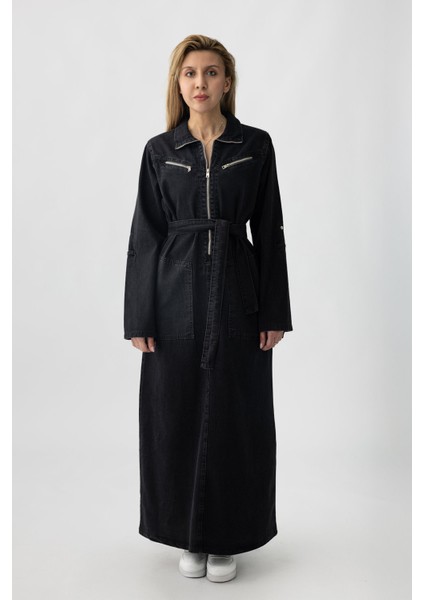 5363 - Kemerli, Cepli, Fermuar Detaylı Kot Rahat, Şık, Günlük Kadın Boydan Elbise