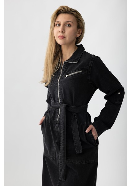 5363 - Kemerli, Cepli, Fermuar Detaylı Kot Rahat, Şık, Günlük Kadın Boydan Elbise fiyatları