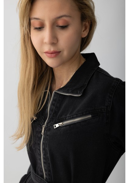 5363 - Kemerli, Cepli, Fermuar Detaylı Kot Rahat, Şık, Günlük Kadın Boydan Elbise modelleri