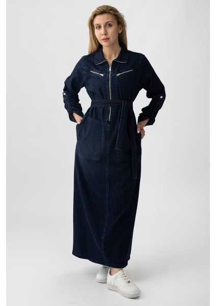 5363 - Kemerli, Cepli, Fermuar Detaylı Kot Rahat, Şık, Günlük Kadın Boydan Elbise