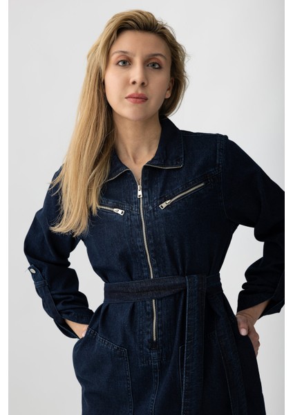 5363 - Kemerli, Cepli, Fermuar Detaylı Kot Rahat, Şık, Günlük Kadın Boydan Elbise fiyatları