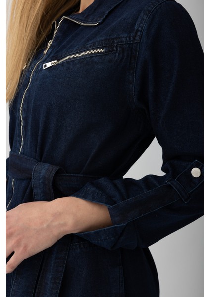 5363 - Kemerli, Cepli, Fermuar Detaylı Kot Rahat, Şık, Günlük Kadın Boydan Elbise modelleri