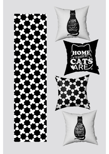 Siyah Beyaz Kedi Figürlü 4'lü Kırlent Kılıfı ve Runner Seti