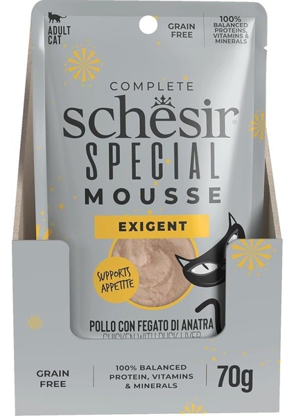 Schesir Exigent Tavuk ile Ördek Karaciğeri Tam ve Dengeli Yetişkin Kedi Maması Pouch 70G