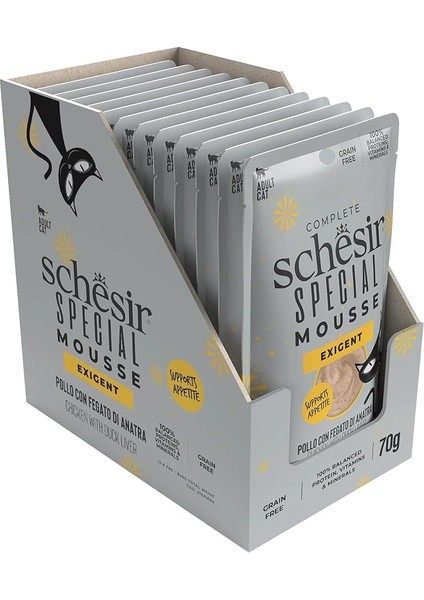 Schesir Exigent Tavuk ile Ördek Karaciğeri Tam ve Dengeli Yetişkin Kedi Maması Pouch 70G