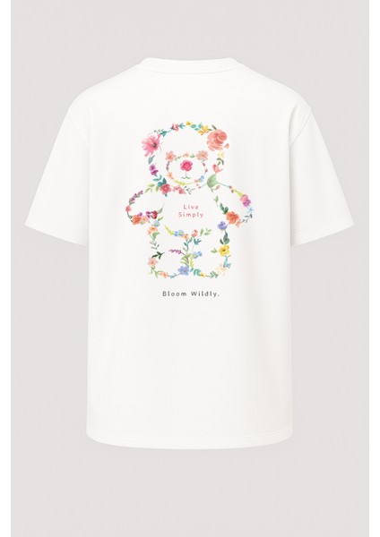 Oversize Live Simply Çiçekli Ayıcık Baskılı Unisex Tişört