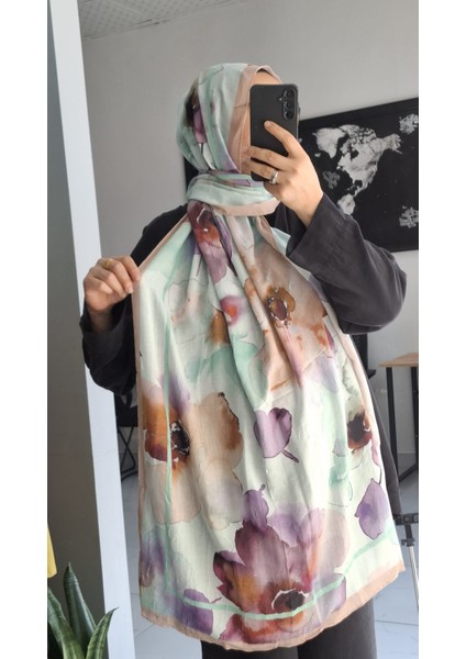Aminenesil Bambu Kraş Çiçek Desen Şal Vizon Bej Sütlü Kahve