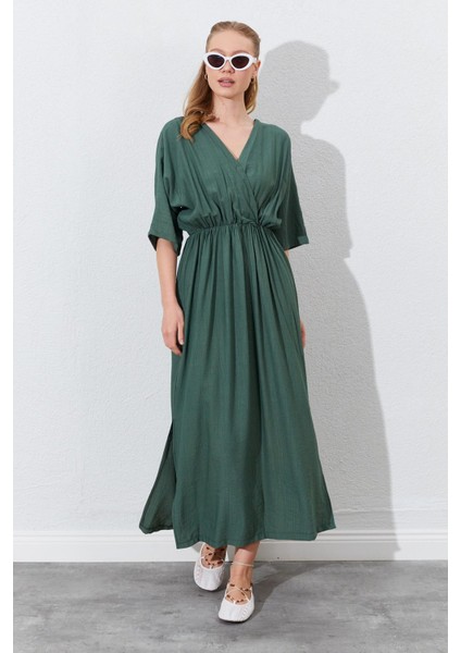 Kadın Haki Düşük Kol Yanları Yırtmaçlı Uzun Elbise