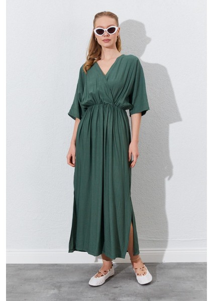Kadın Haki Düşük Kol Yanları Yırtmaçlı Uzun Elbise fiyatları