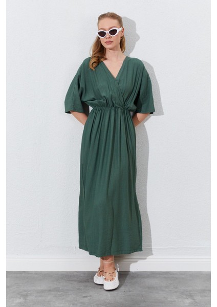 Kadın Haki Düşük Kol Yanları Yırtmaçlı Uzun Elbise modelleri