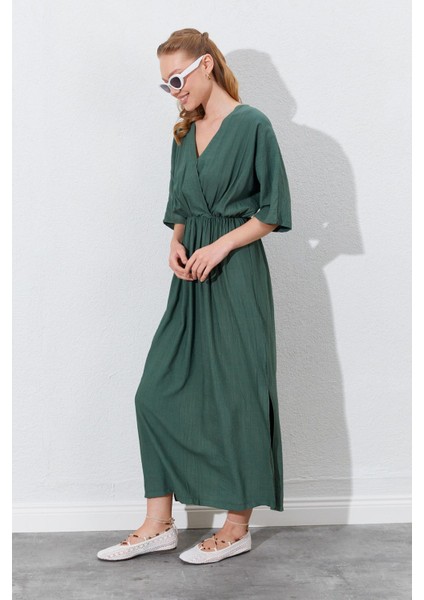 Kadın Haki Düşük Kol Yanları Yırtmaçlı Uzun Elbise fırsatları
