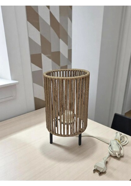 Makrome Ipli Metal Masa ve Gece Lambası (Silindir - Koyu Bej)