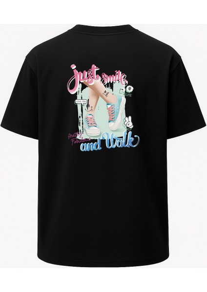 Oversize Just Smile Gülümse Baskılı Unisex Tişört