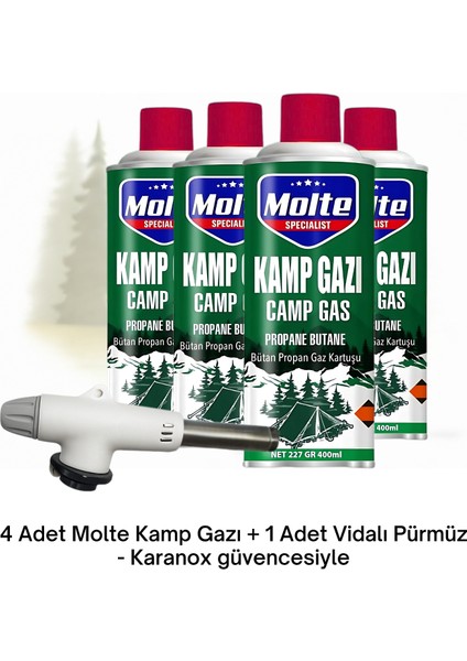 Molte 4’lü Kamp Gazı + Vidalı Pürmüz Takımı – Nargile, Kamp, Piknik ve Outdoor Yemekleri Için Güçlü Alevle Pratik Tutuş Sağlayan Kompakt Gaz Kartuşu Paketi