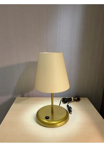 Lyris - Pvc Abajur, Mini Masa Lambası Ekru Başlık, Gold Ayak)