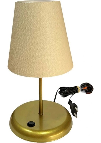 Lyris - Pvc Abajur, Mini Masa Lambası Ekru Başlık, Gold Ayak)