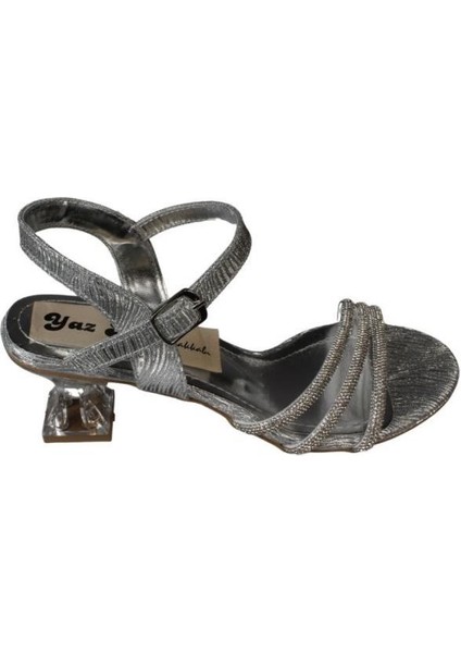 Yazkış Kadın Siyah Gümüş 3 Bantlı Taşlı 5cm Şeffaf Kadeh Topuklu Düğün Nişan Abiye Ayakkabı fiyatları