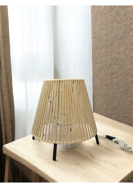 Makrome Ipli Metal Masa ve Gece Lambası (Konik - Ekru)