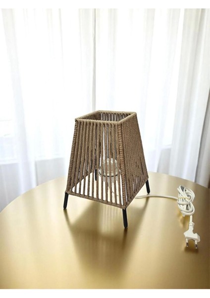 Makrome Ipli Metal Masa ve Gece Lambası (Kare Konik- Koyu Bej)