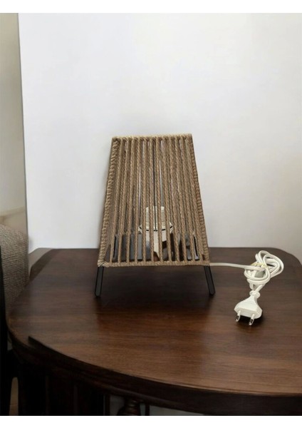 Makrome Ipli Metal Masa ve Gece Lambası (Kare Konik- Koyu Bej)