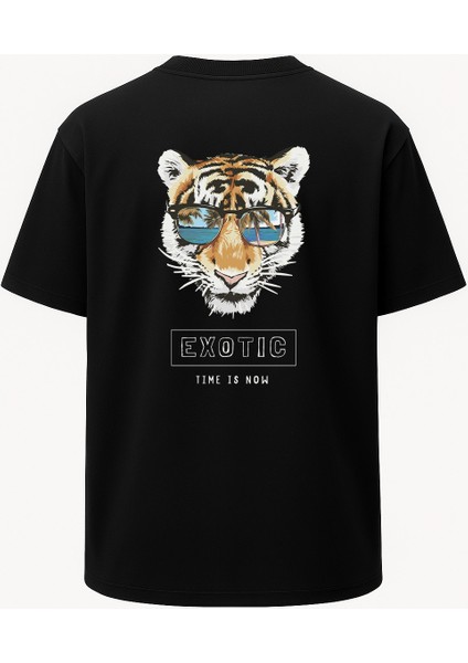 Oversize Exotic Gözlüklü Kaplan Baskılı Unisex Tişört Siyah