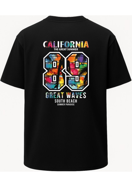 Oversize California Renkli Baskılı Unisex Tişört Siyah