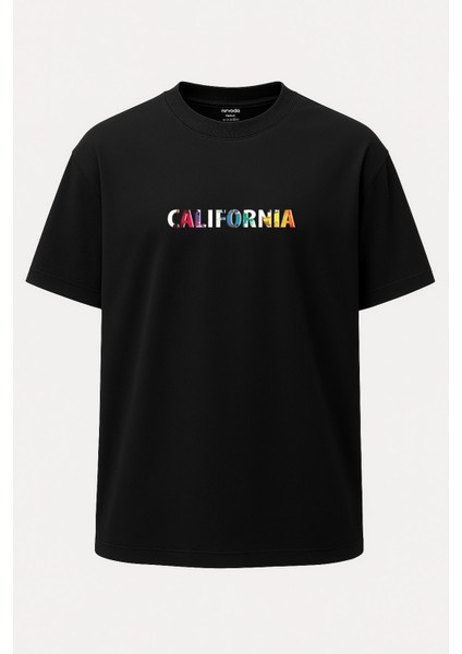 Oversize California Renkli Baskılı Unisex Tişört Siyah