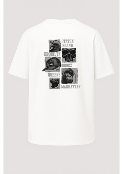 Oversize Brooklyn Kartal Iskelet Baskılı Unisex Tişört