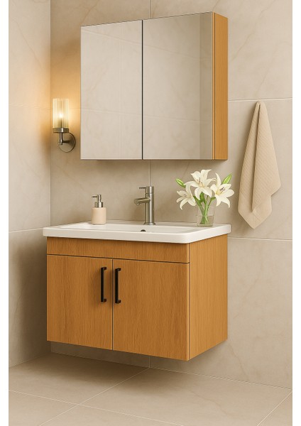 Liventa 65 cm Ahşap Renkli, Seramik Lavabolu, Mdf Banyo Dolabı Takımı modelleri