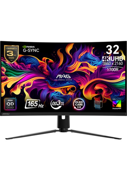 Msı 31.5" Mag 321CUP Qd-Oled 3840X2160 (Uhd) 16:9 Curve 1700R Qd-Oled 165HZ 0.03MS G-Sync Compatıble Gamıng Monıtor