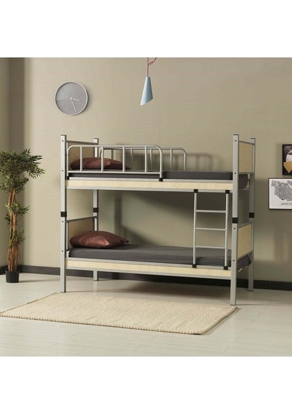 Yurt Genç Çocuk Odası Metal Ahşap Ranza ve Karyola 90X200 Gri