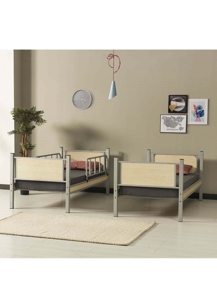 Yurt Genç Çocuk Odası Metal Ahşap Ranza ve Karyola 90X200 Gri